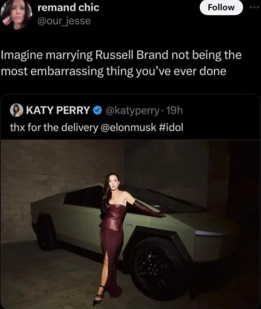 A screenshot of a tweet from 'remand chic' imagining marrying Russell Brand as embarrassing, overlaid on a photo of Katy…