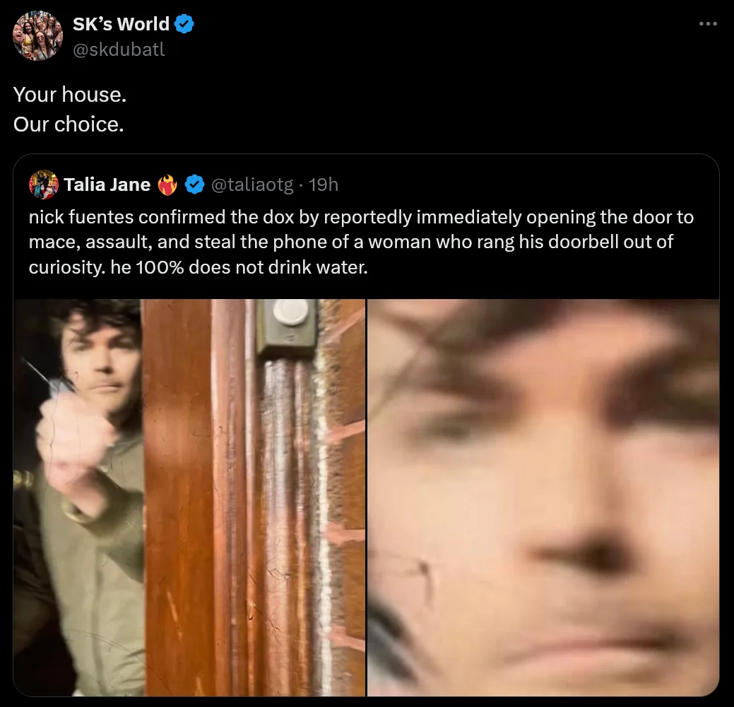 A split-screen image shows a man holding a mace canister behind a door on the left, and a blurry close-up of his face on the…