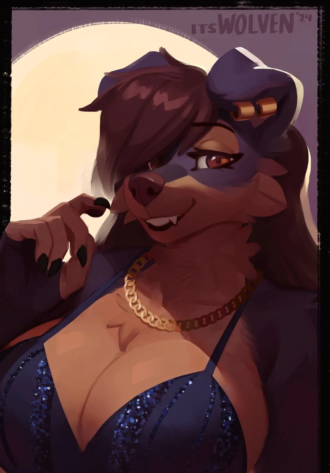 A stylized digital illustration of an anthropomorphic female badger with dark brown fur, wearing a sparkly blue top, a gold…