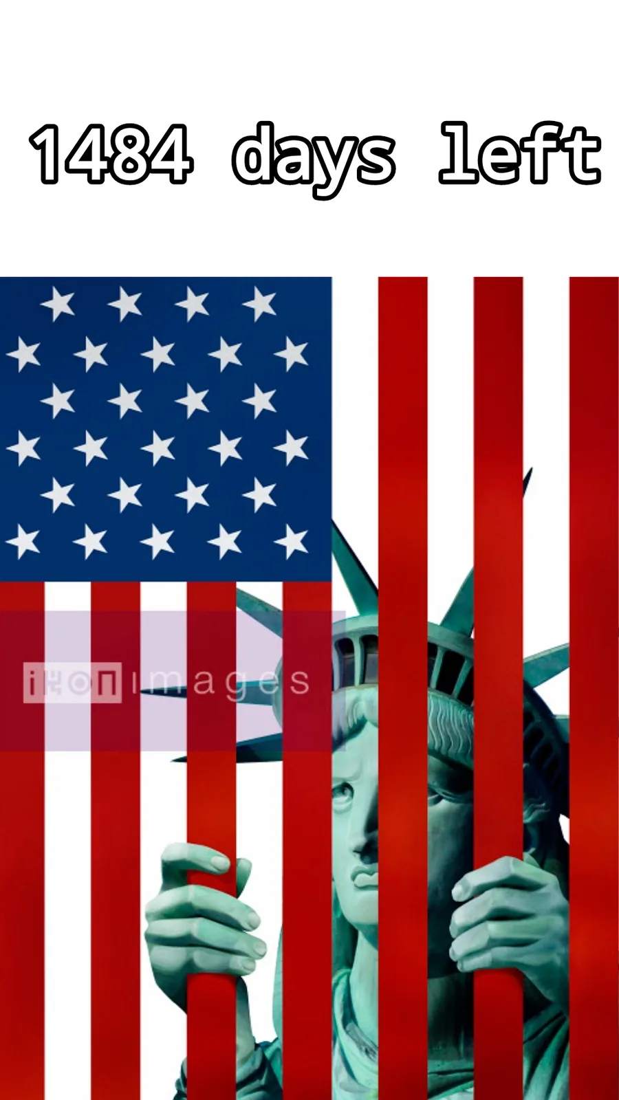 The image shows the Statue of Liberty partially obscured by vertical red stripes from the American flag, with the text '1484…