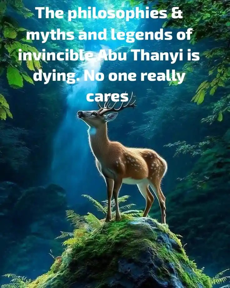 A majestic deer with antlers stands atop a mossy rock in a lush, sun-dappled forest, gazing upward. Overlaid white text…