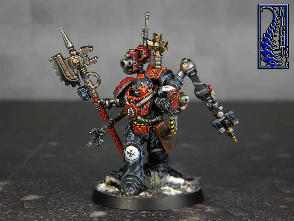A highly detailed, painted miniature of a heavily armored, futuristic warrior with multiple weapons, including a large axe…