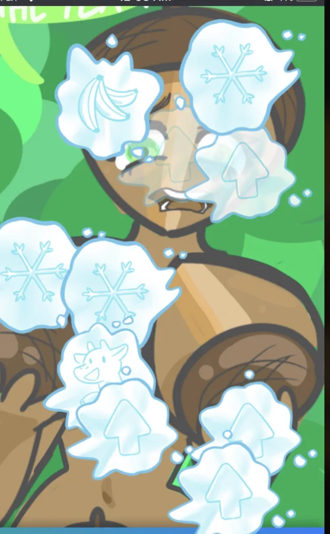A cartoon woman with brown skin and hair is surrounded by translucent ice floes with various symbols like snowflakes…