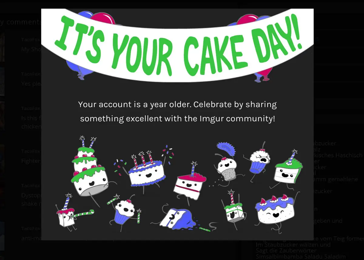 A celebratory image features cartoon cakes and cupcakes with faces, balloons, and confetti against a dark background. A…