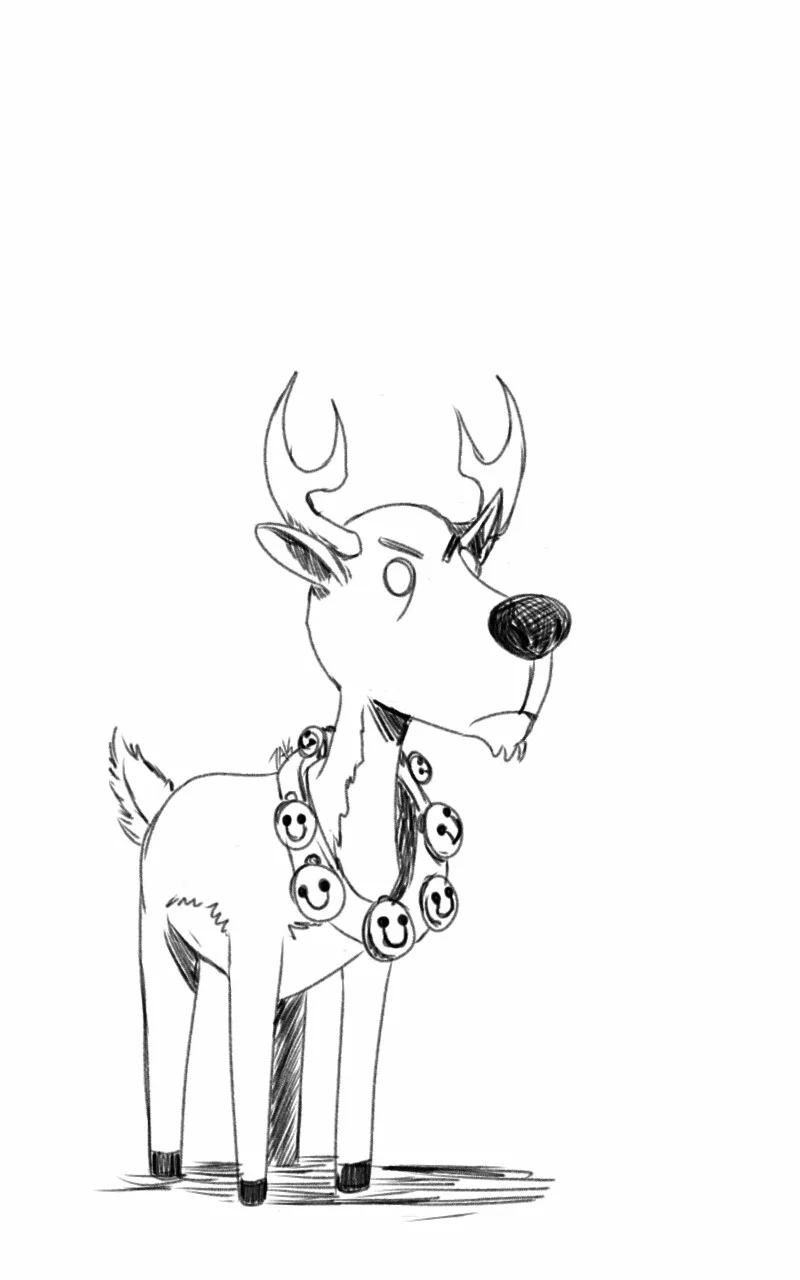 A black-and-white sketch of a cartoon deer with antlers, wearing a collar made of smiling bell-shaped ornaments. The deer…