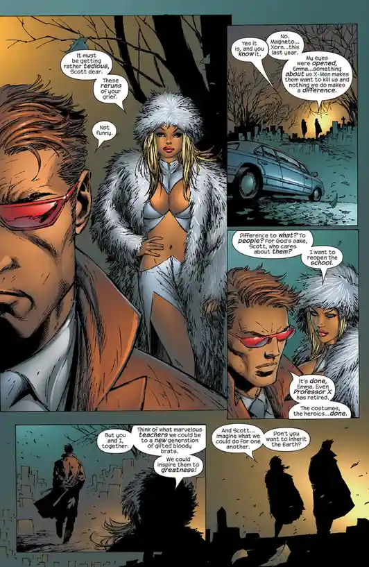 A comic book panel featuring Emma Frost in a white fur coat and Scott Summers in red sunglasses, discussing the futility of…