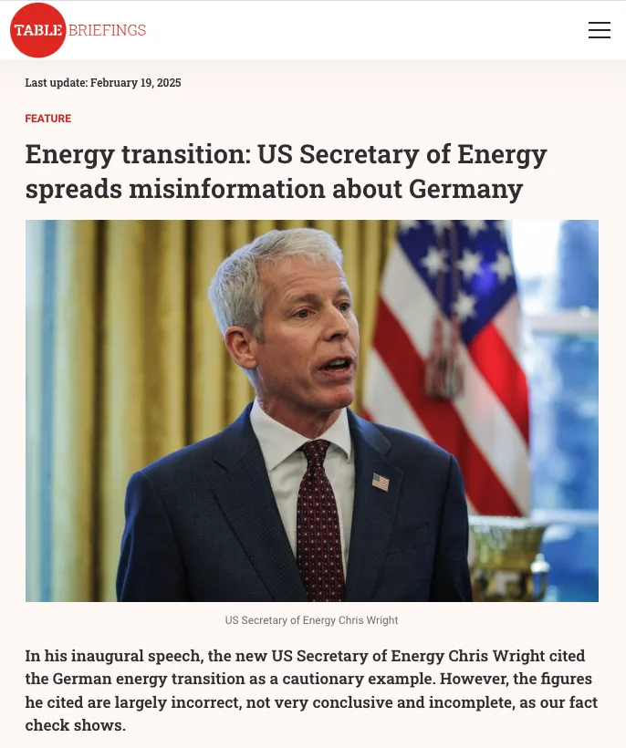A screenshot of a news article from 'TABLE BRIEFINGS' dated February 19, 2025, featuring a photo of US Secretary of Energy…