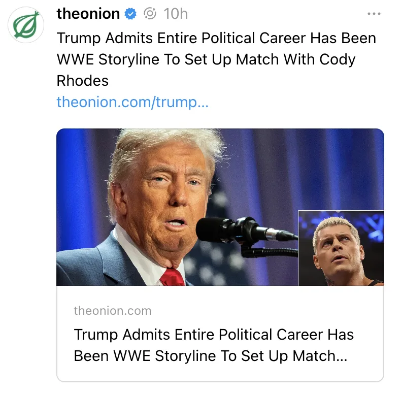 A screenshot of a The Onion tweet shows a photo of Donald Trump speaking into a microphone, with a smaller inset image of…