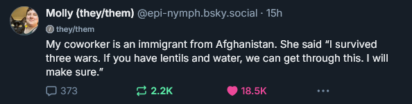 A screenshot of a social media post by Molly (they/them) showing a text message where their coworker, an immigrant from…