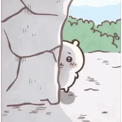 A small, white, cartoon bear with a round body and large eyes peeks out from behind a large gray rock. The bear has a…