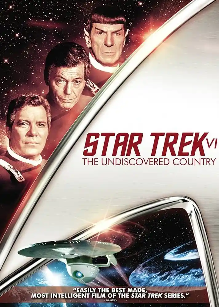 This is a movie poster for 'Star Trek VI: The Undiscovered Country,' featuring portraits of three main characters against a…