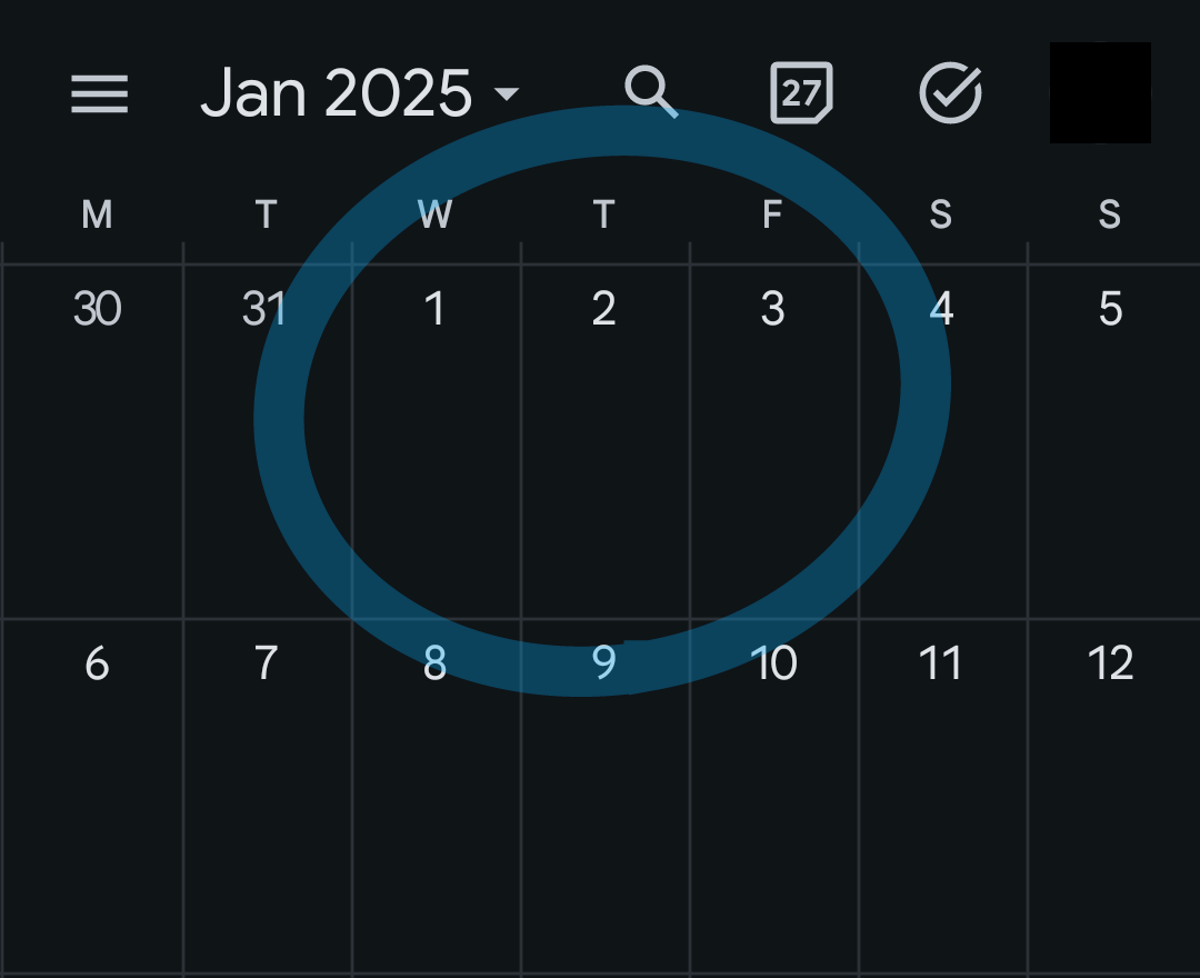 A digital calendar for January 2025 displays a large blue circle highlighting the dates from the 1st to the 10th, visually…