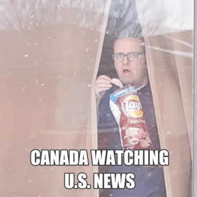 A six-panel grid shows a man in glasses and a dark sweater, viewed through a snowy window, holding a bag of Lay's Ketchup…