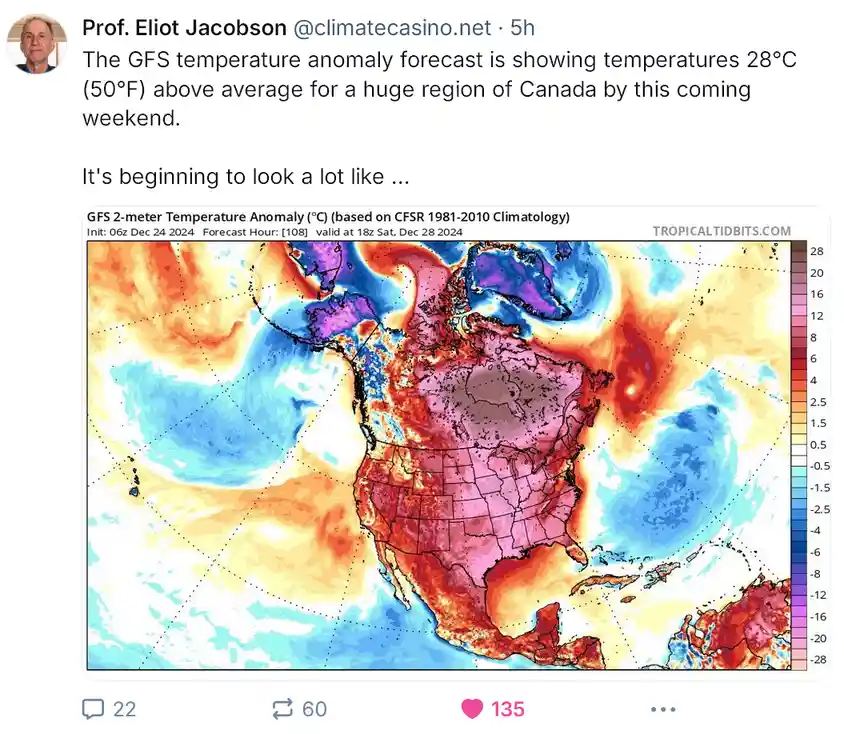 A weather map showing a temperature anomaly forecast for North America, with Canada and the U.S. in shades of red and orange…