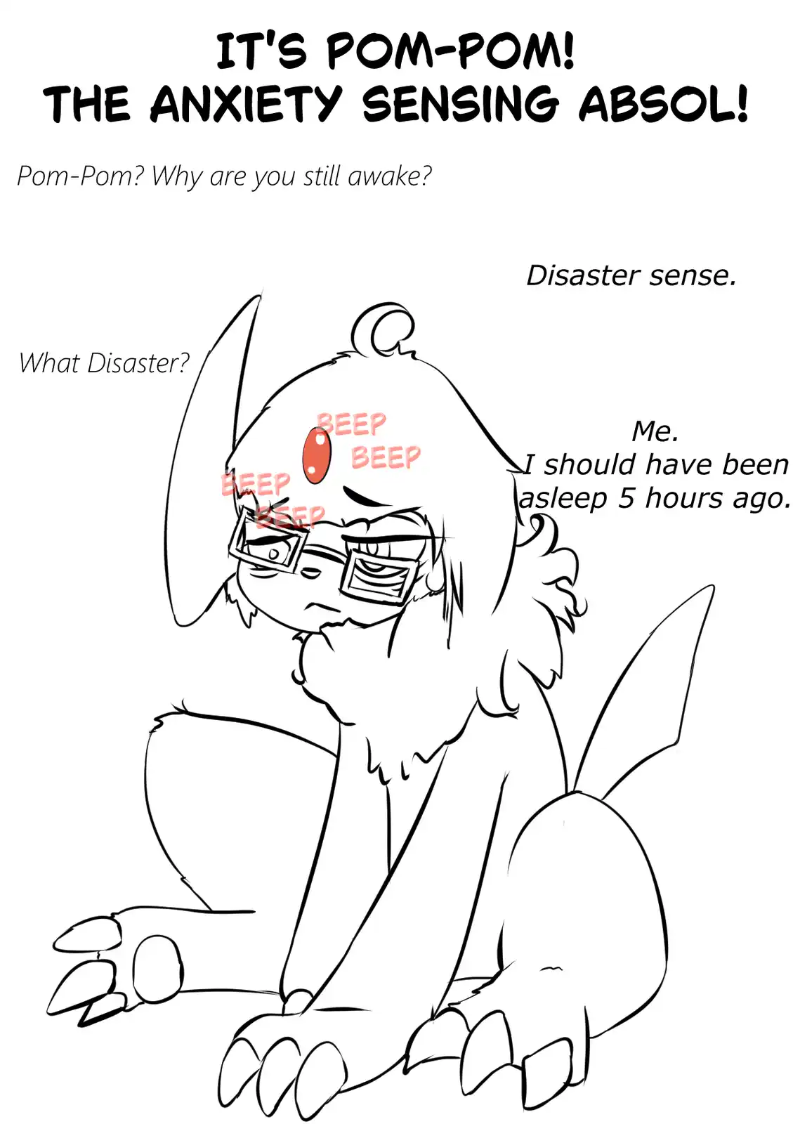 A black-and-white line drawing of the Pokémon Absol, drawn with a human-like face and wearing glasses, sitting awake with…