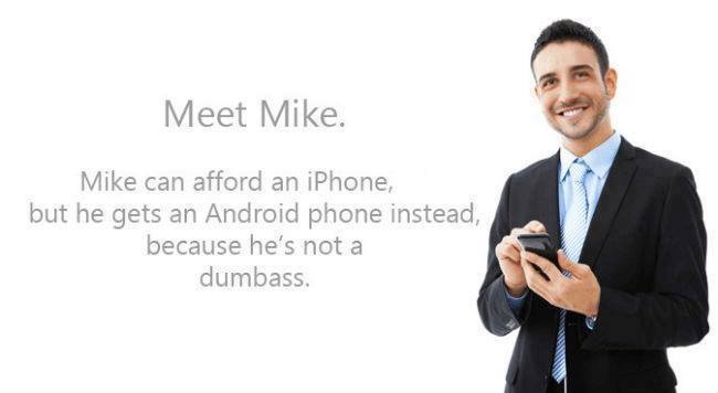 A smiling man in a suit and tie holds a black smartphone. Text on the left reads: 'Meet Mike. Mike can afford an iPhone, but…