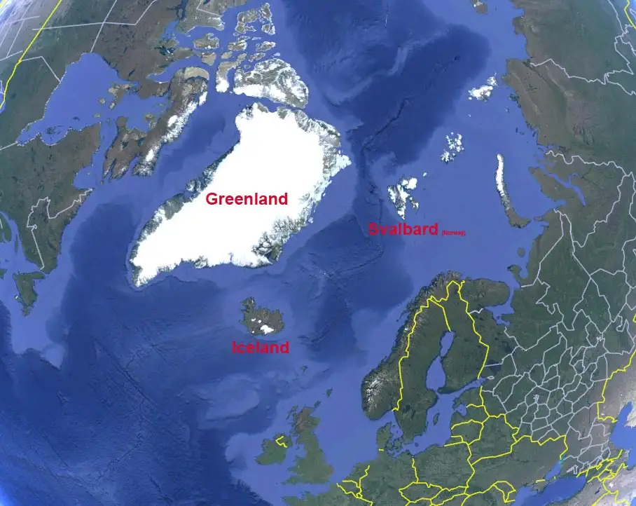 A satellite map shows Greenland, Svalbard (Norway), and Iceland labeled in red text. Greenland is a large ice-covered…