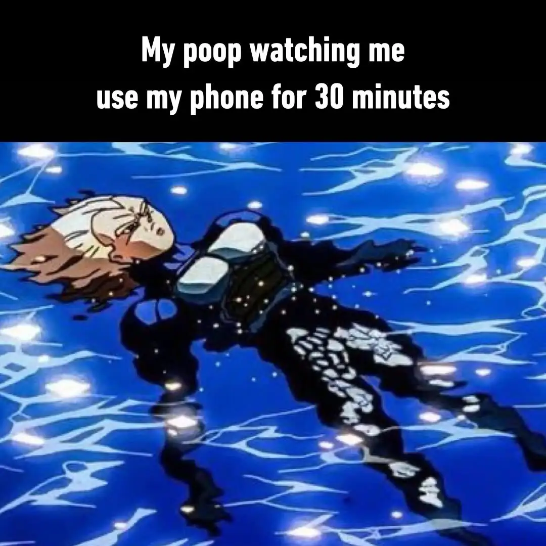 An anime character with spiky hair and a black outfit floats face-up in blue water, eyes closed, appearing exhausted or…