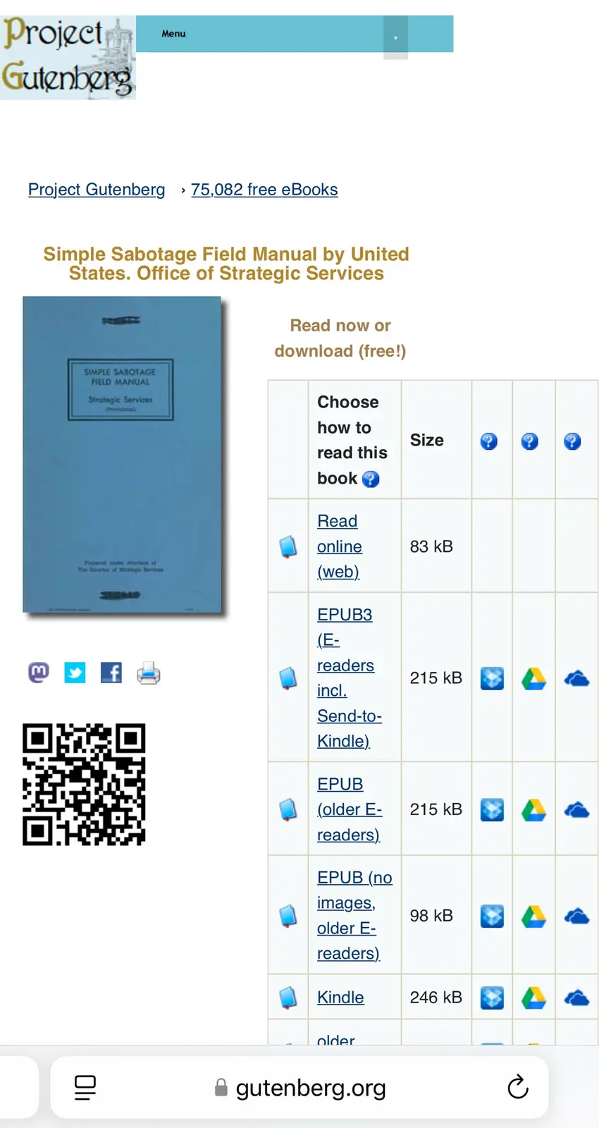 A screenshot of the Project Gutenberg website showing the 'Simple Sabotage Field Manual' by the U.S. Office of Strategic…