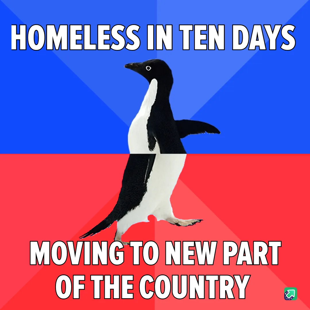A penguin stands centered against a split blue and red background, with bold white text at the top reading 'HOMELESS IN TEN…