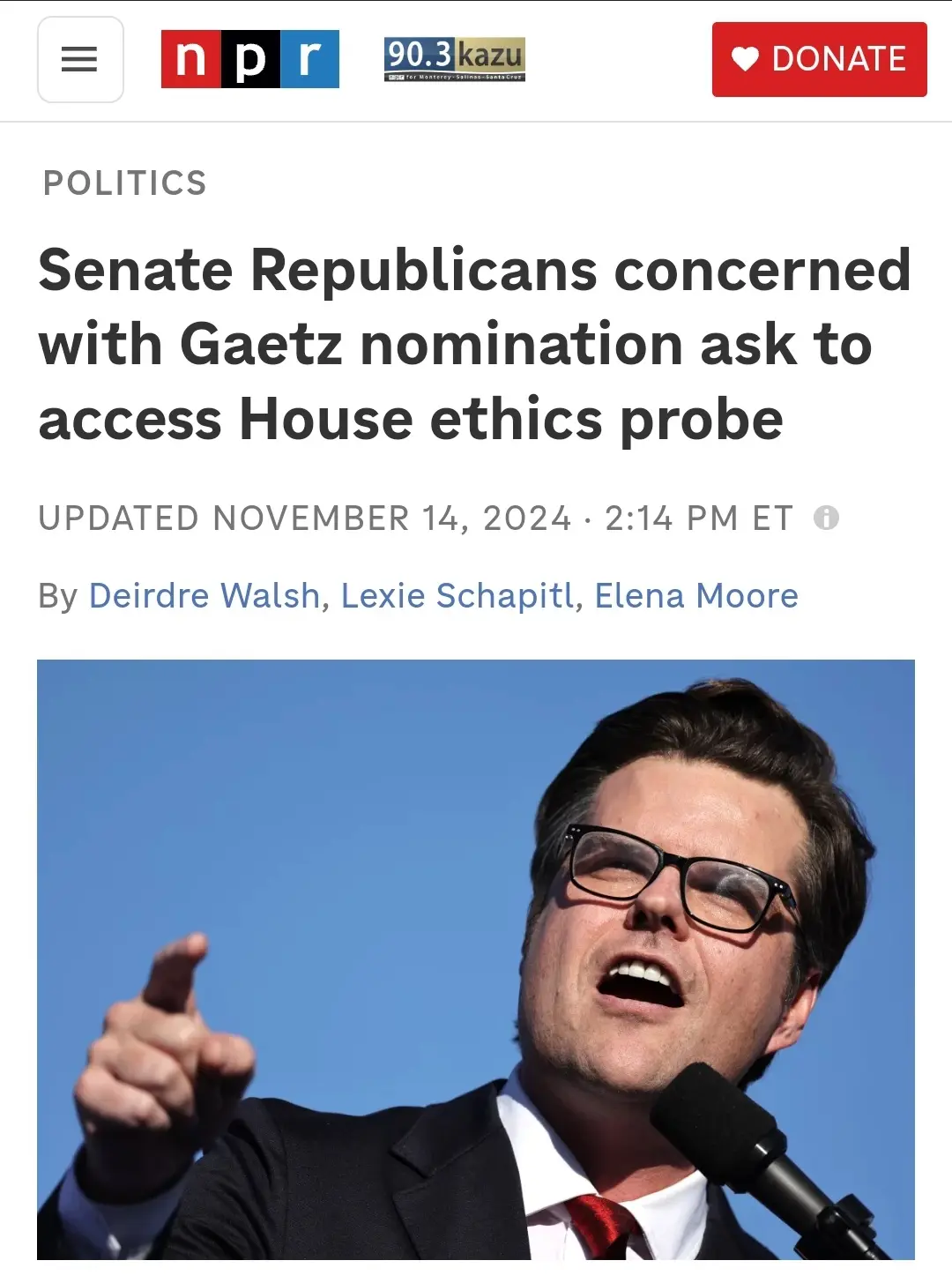 An image from an NPR news article shows a man in a suit and glasses speaking into a microphone while pointing upward against…