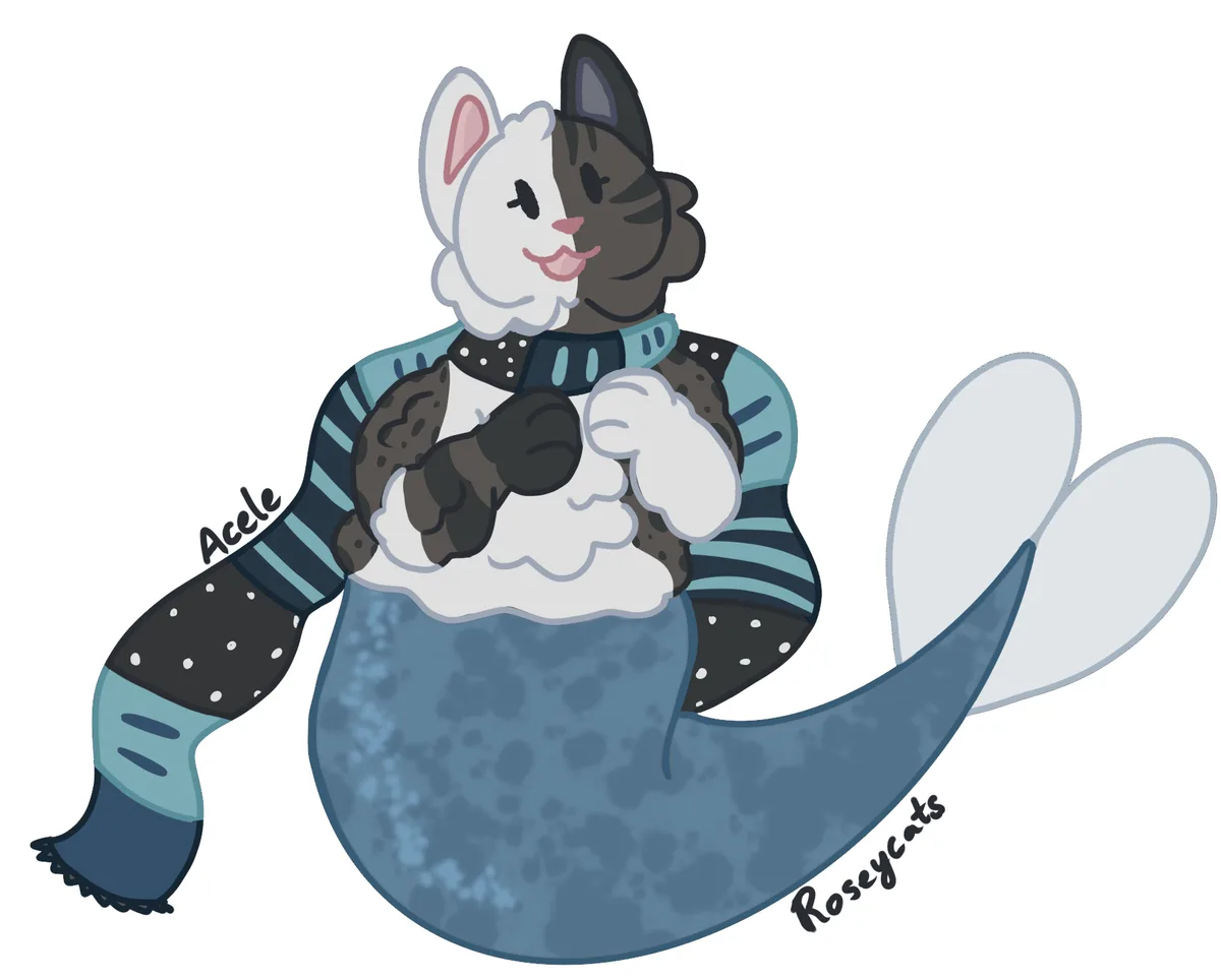 A cartoon mermaid with a cat-like upper body, split down the middle between white and black fur, wearing a blue and black…
