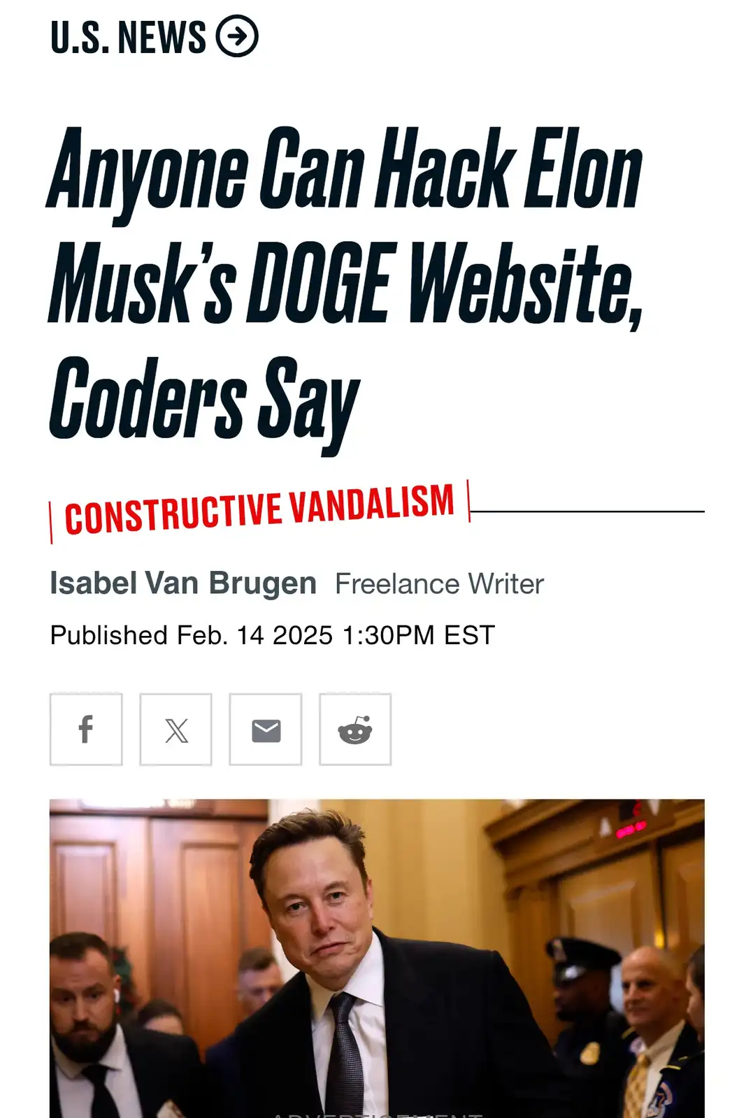 The image displays a mock U.S. News article headline stating 'Anyone Can Hack Elon Musk's DOGE Website, Coders Say', with a…