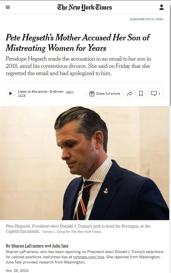 A screenshot of a New York Times article headline about Pete Hegseth's mother accusing him of mistreating women, overlaid…