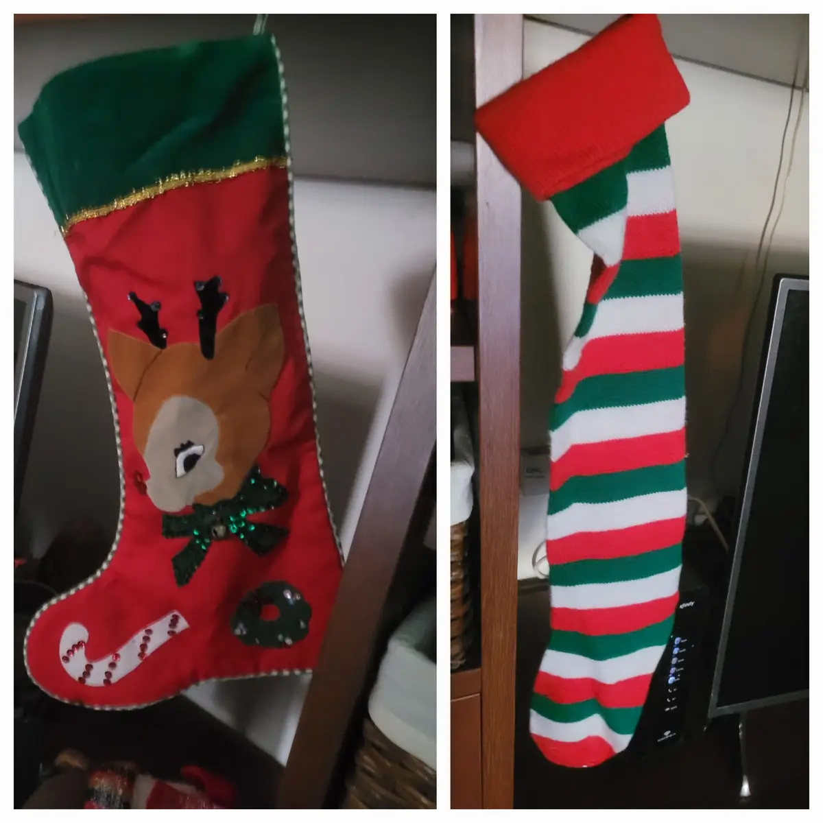 The image shows two Christmas stockings side by side. The left stocking is red with a green cuff, featuring a brown reindeer…