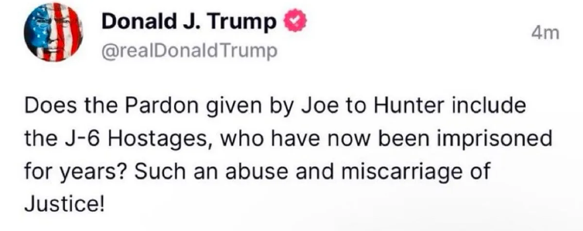 A screenshot of a tweet from Donald J. Trump's verified Twitter account, showing his profile picture with an American flag…