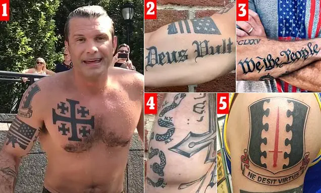 A collage of five images showing a man with multiple tattoos, including a large cross on his chest, and close-ups of tattoos…