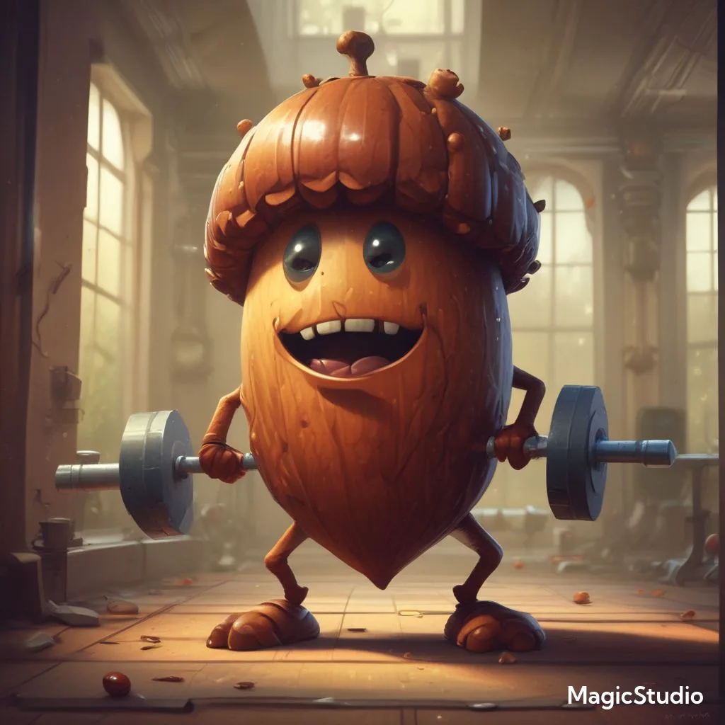 A cartoonish, anthropomorphic acorn with a smiling face and large eyes is lifting a barbell in a gym setting. The acorn has…