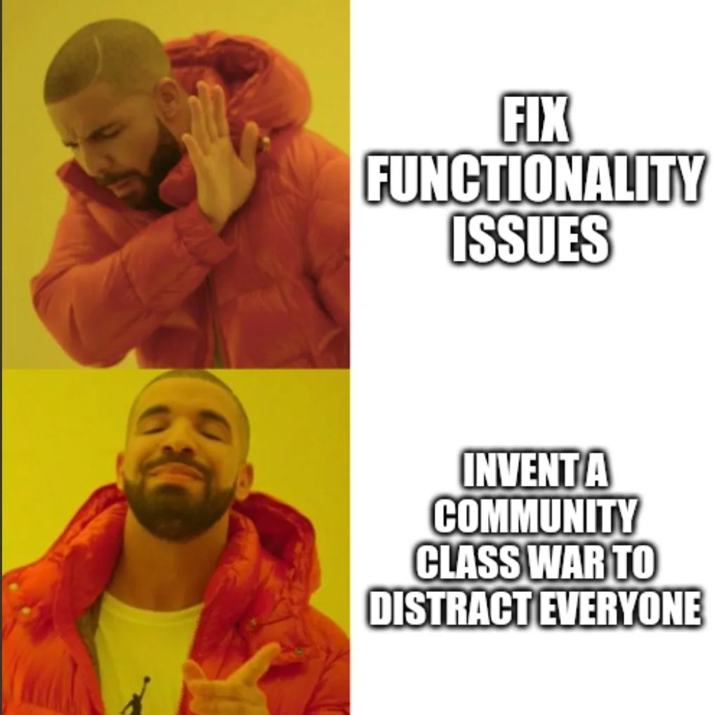 The image shows two panels of Drake in a red puffer jacket against a yellow background. In the top panel, he holds his hand…