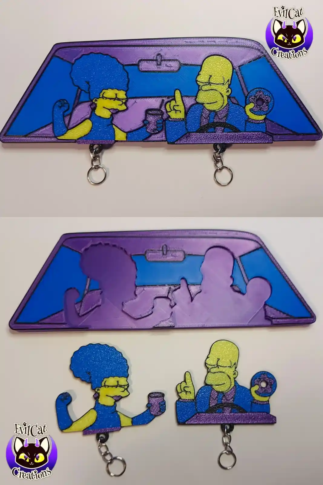 The image displays a purple, car-shaped keychain featuring Homer Simpson driving and Marge Simpson in the passenger seat…