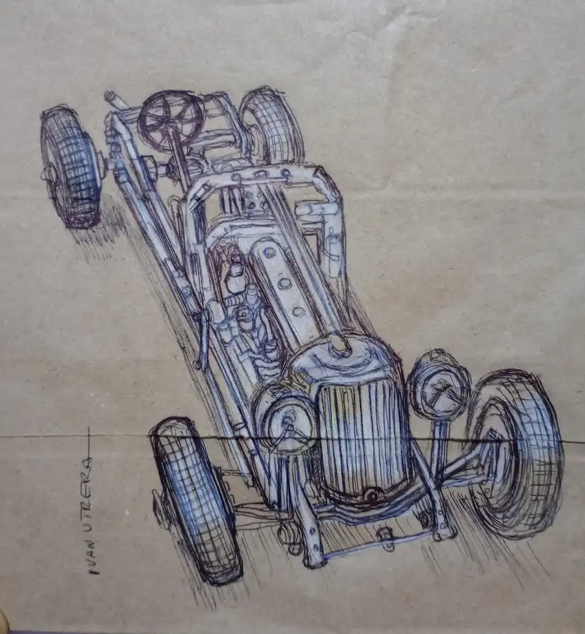 A hand-drawn sketch on brown paper depicts a vehicle that is clearly not a functional car, with wheels in odd positions, a…