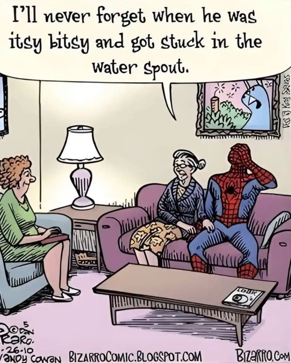 A cartoon depicts Spider-Man sitting on a couch next to an elderly woman, both looking embarrassed as she recounts a…