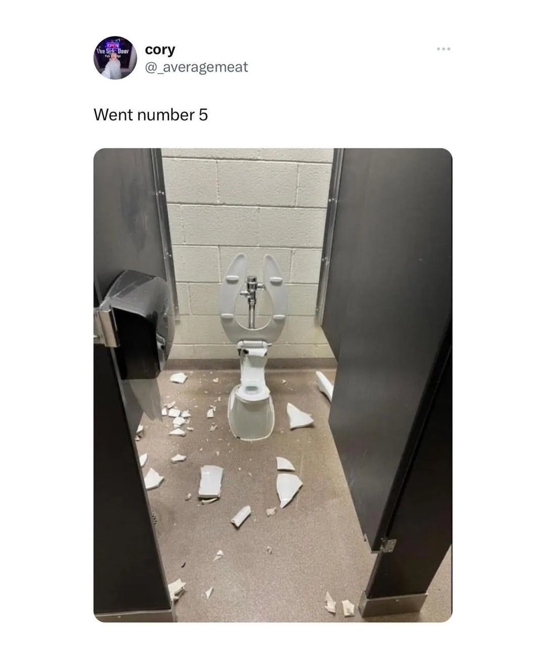 A broken toilet in a public restroom stall, with shattered porcelain pieces scattered across the floor. The toilet seat and…