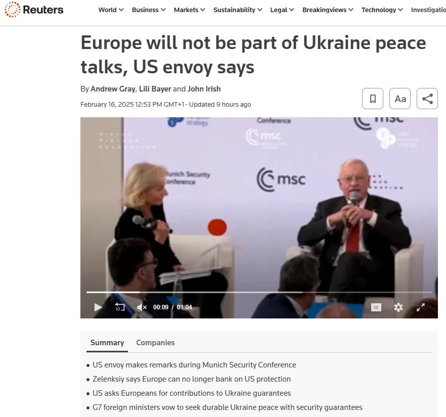 A screenshot of a Reuters news article featuring a video player showing two people speaking at the Munich Security…
