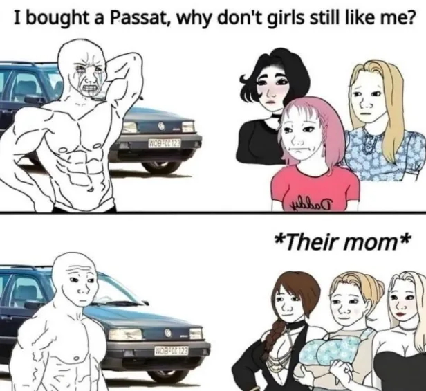 Top panel: A muscular, bald man stands angrily in front of a blue Volkswagen Passat, looking frustrated. Three women with…