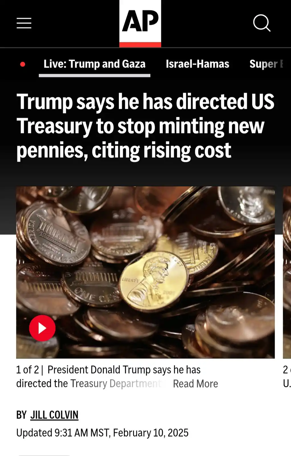A screenshot of an Associated Press news article headline about Donald Trump directing the US Treasury to stop minting new…