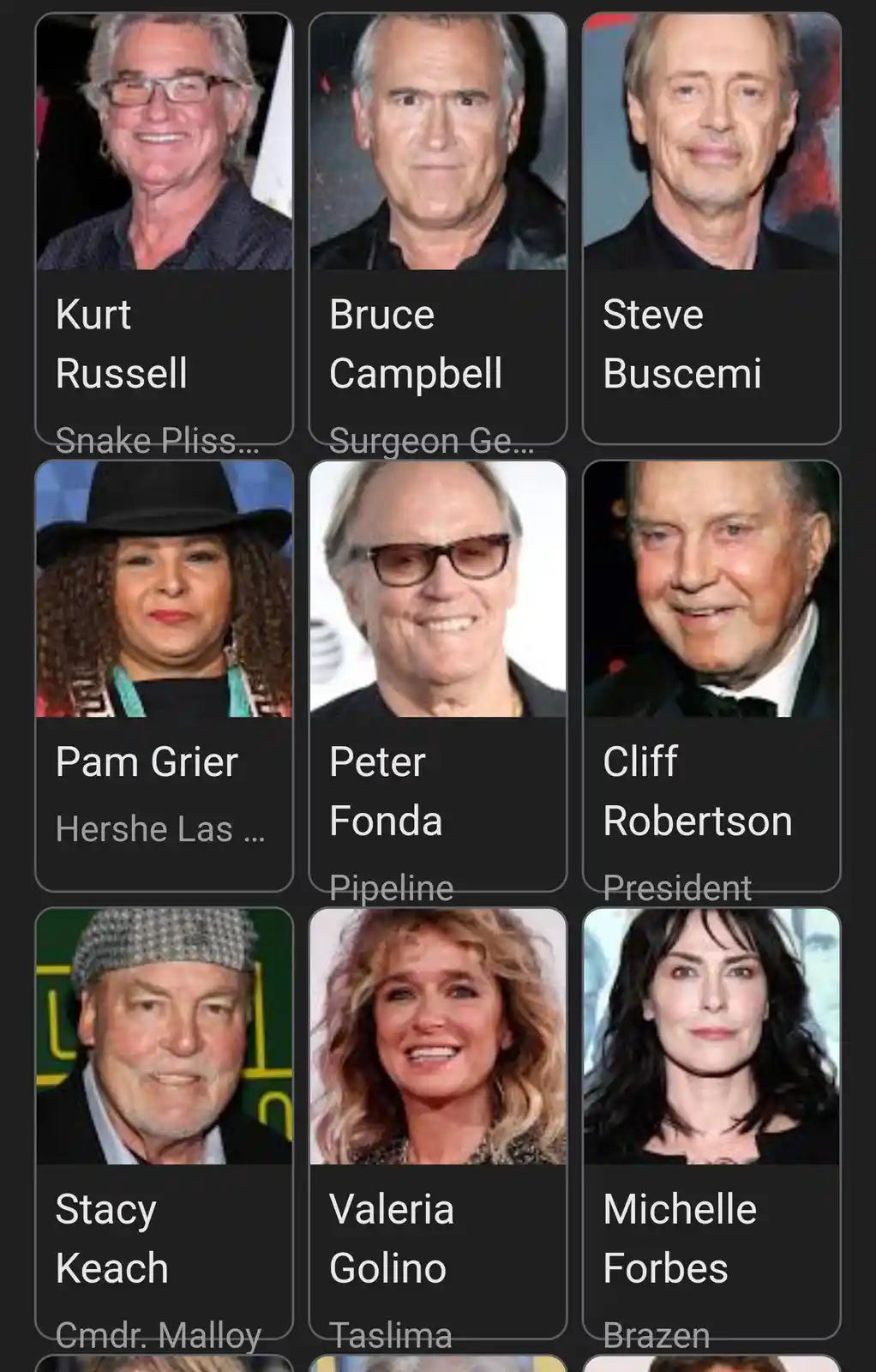 The image displays a grid of nine headshot photos of actors, each with their name and a truncated movie role below. Kurt…