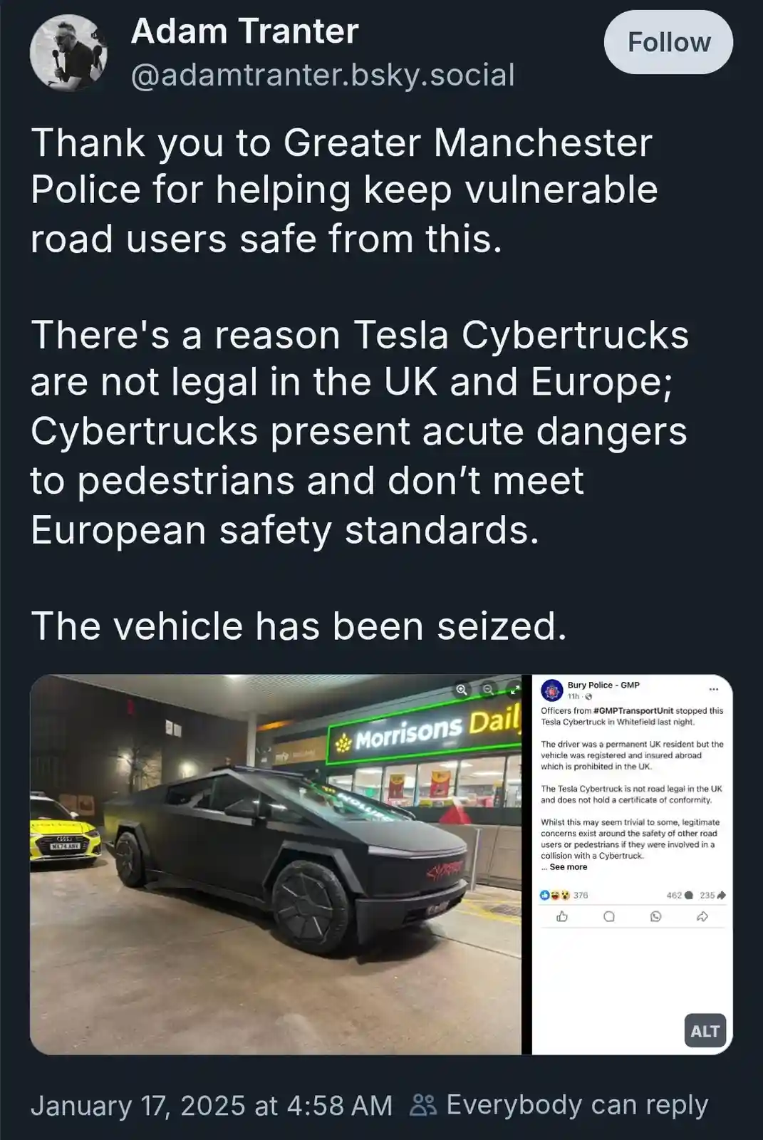 A screenshot of a social media post by Adam Tranter showing a black Tesla Cybertruck parked outside a Morrisons supermarket…