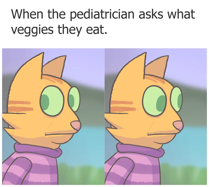 The image shows a cartoon cat with large green eyes and a purple striped shirt, depicted in two identical side-by-side…