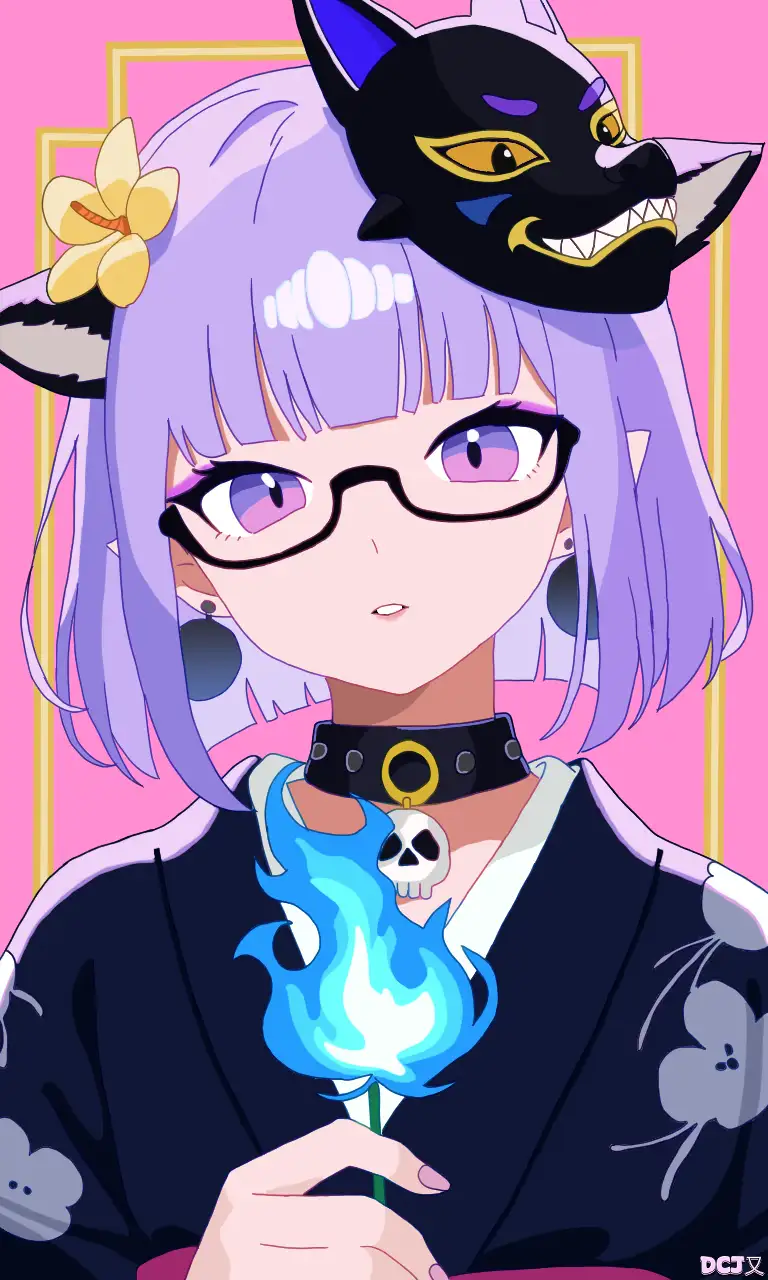 An anime-style girl with purple hair, glasses, and a black cat mask on her head holds a blue flame rose. She wears a dark…