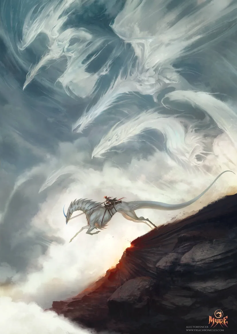 A fantasy illustration shows a rider on a white, winged dragon-like creature leaping off a cliff edge into swirling clouds…