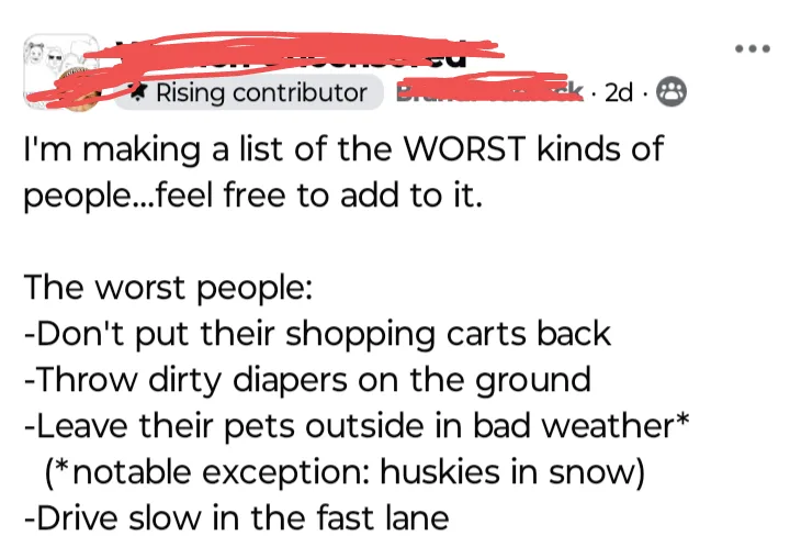 A screenshot of a Reddit post by a 'Rising contributor' listing 'the worst kinds of people' with examples like not returning…