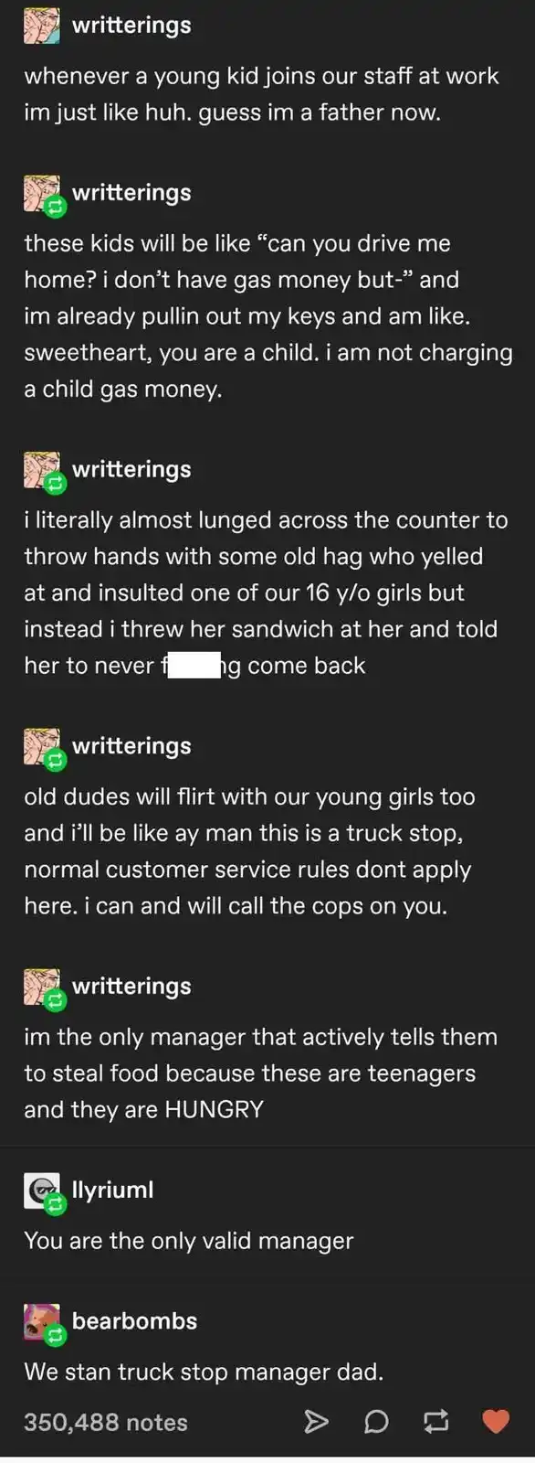 A screenshot of a social media post showing a series of text messages from a user named 'writterings' detailing their…