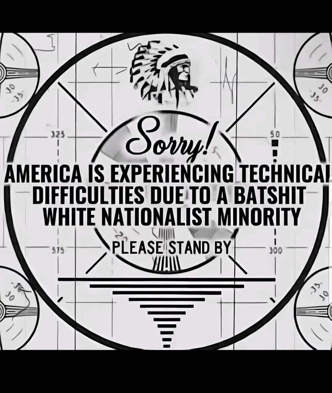 A black and white image resembling a vintage radar or targeting scope interface, featuring a stylized Native American…