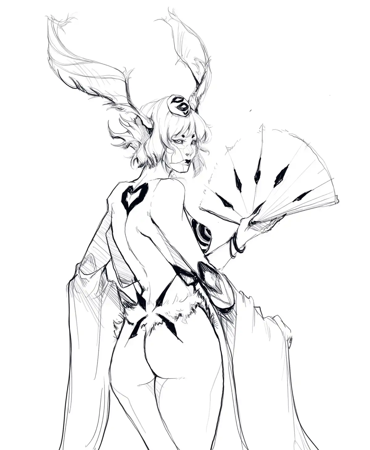 A black-and-white line art sketch depicts a stylized female character with large, feathered ears, holding a fan, and wearing…