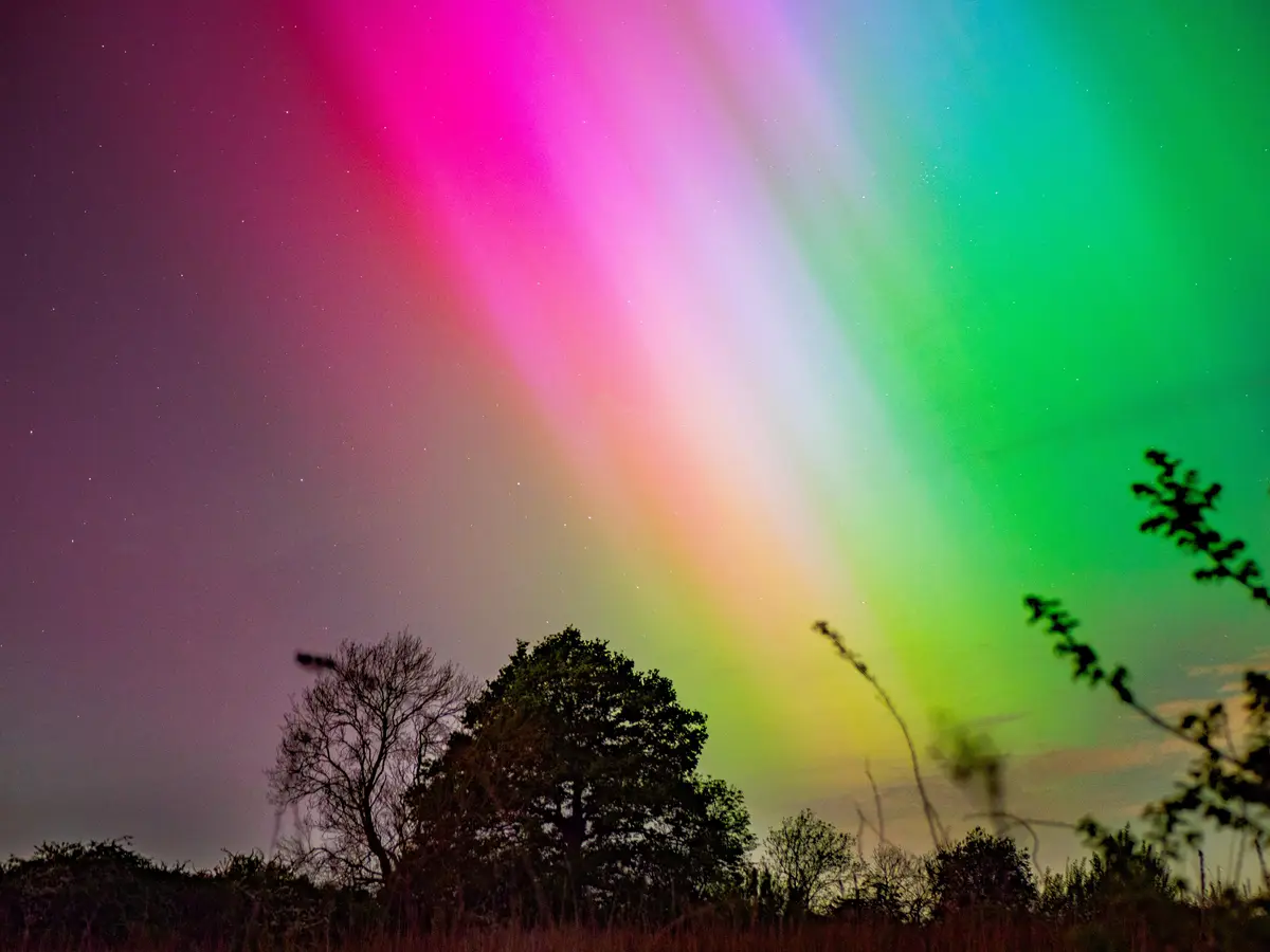 A vibrant, colorful aurora borealis streaks across a starry night sky, transitioning from magenta to green, with silhouettes…